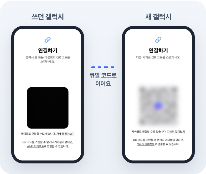 쓰던 갤럭시에서 이 폰에서 보내기를 눌러 큐알 코드를 찍어요